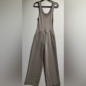Mixed Media Wide Leg Jumpsuit - Ribbed Knit Top & Woven Trousers - Taupe Sz S